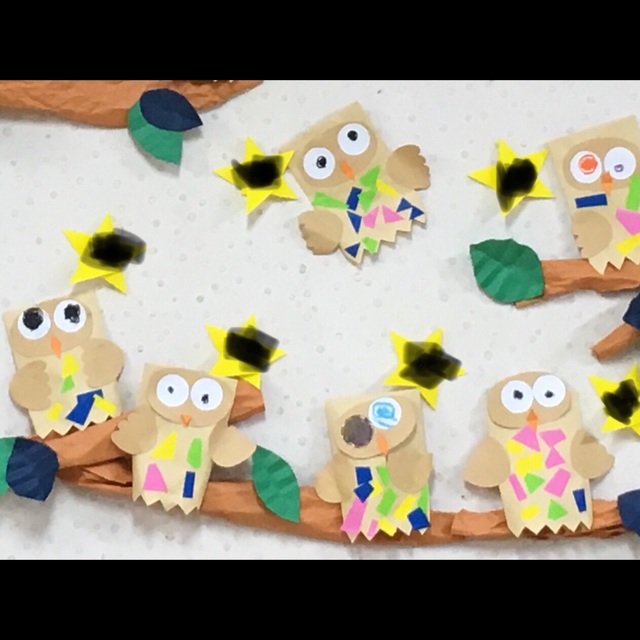 【みんなの投稿】10月の壁面 ふくろう【幼稚園 3歳児】