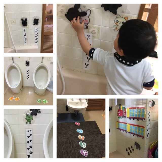 【みんなの投稿】2歳児トイレ内に並ぶことが出来るよう、足跡を貼りました。
