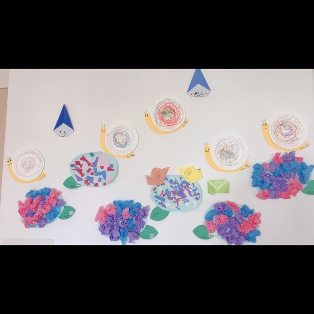 【みんなの投稿】◎6月壁面 〈あじさい、カタツムリ、雨、カエル〉